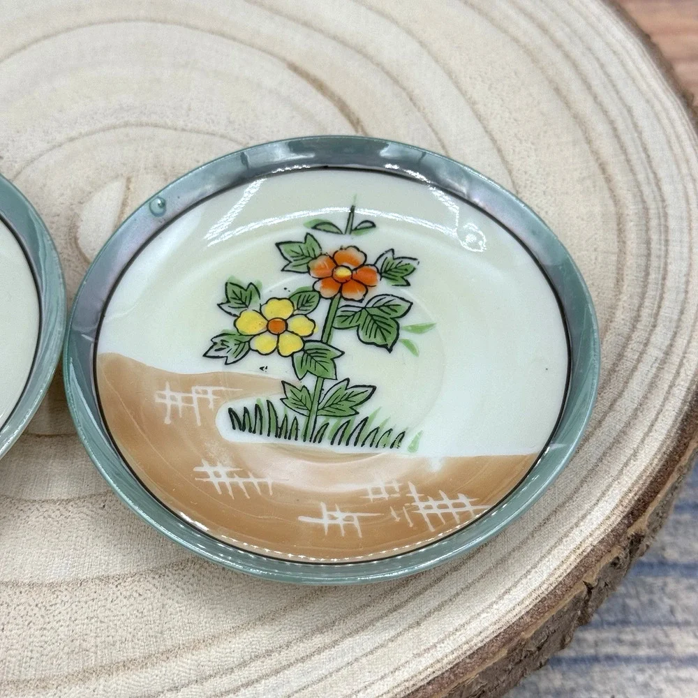 Set‎ of 2 Vtg Lusterware Demitasse Saucers Plates Floral Japan Peach Green 1920s